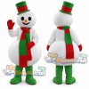 Snowman Mascot Costume with Green Hat and Red and Green Scarf