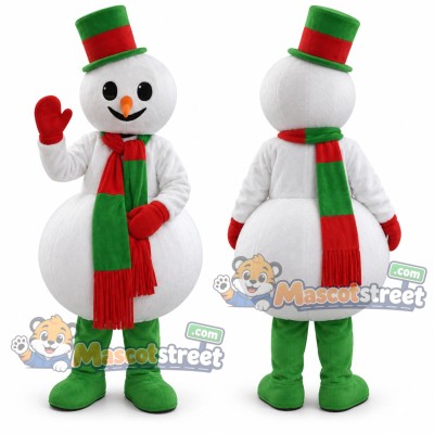 Snowman Mascot Costume with Green Hat and Red and Green Scarf