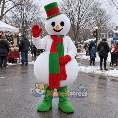 Snowman Mascot Costume with Green Hat and Red and Green Scarf