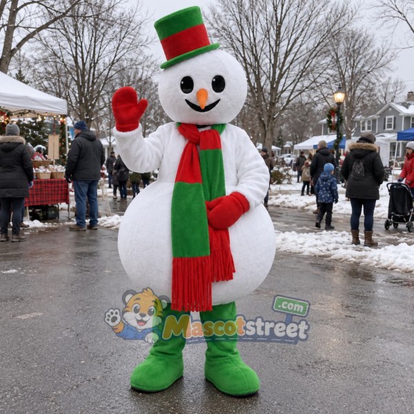 Snowman Mascot Costume with Green Hat and Red and Green Scarf