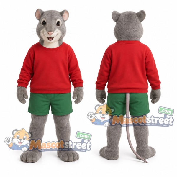 Gray Mouse Mascot Costume with Red Sweater and Green Shorts