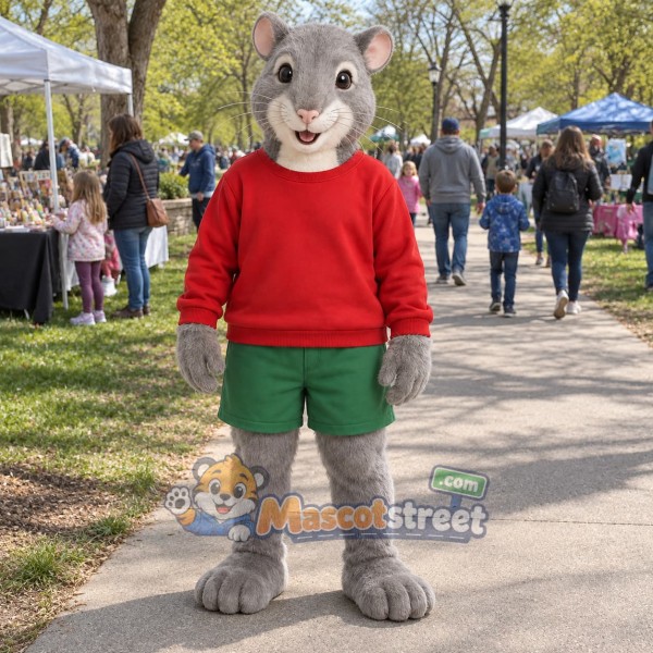 Gray Mouse Mascot Costume with Red Sweater and Green Shorts