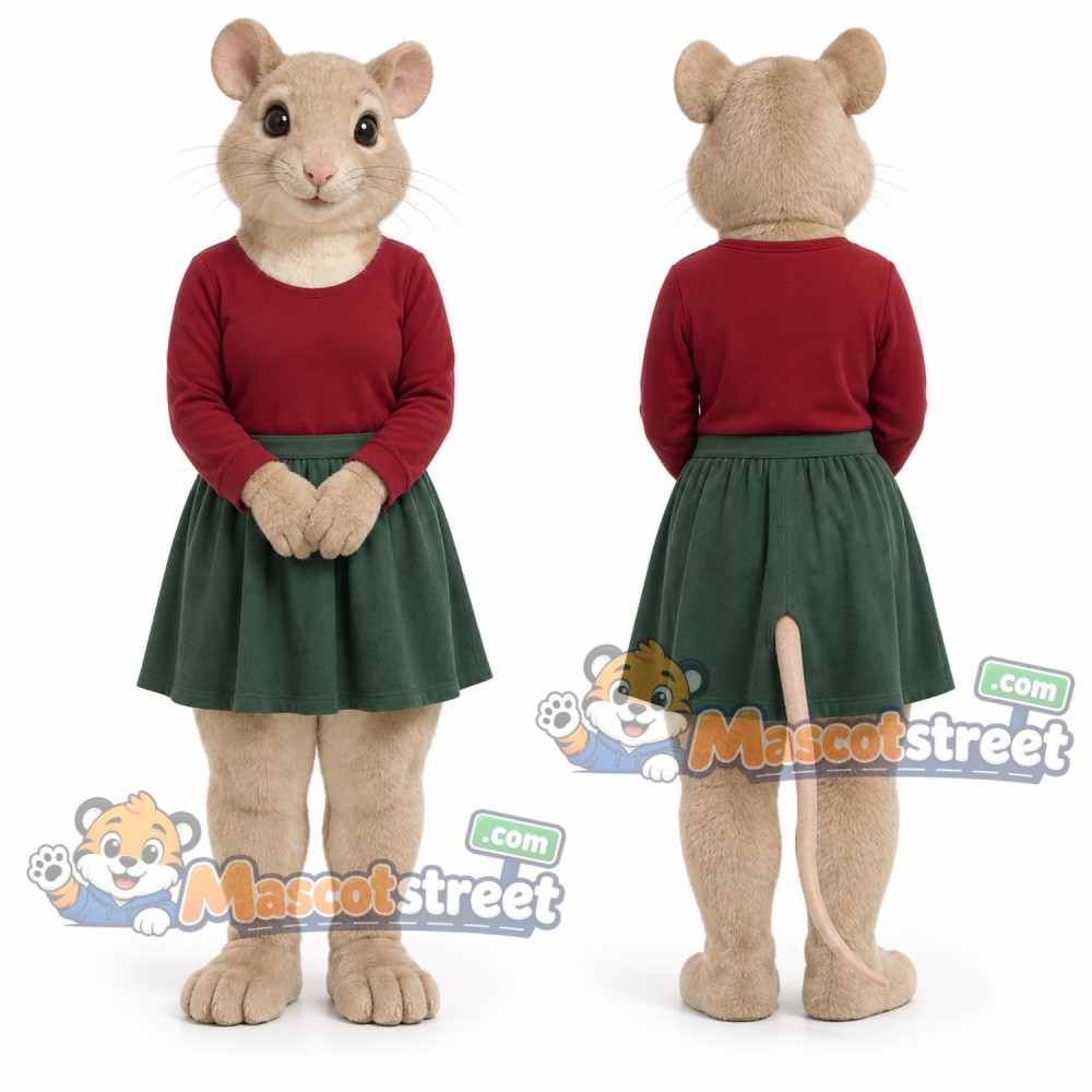 Tan Mouse Mascot Costume with Burgundy Sweater and Green Skirt