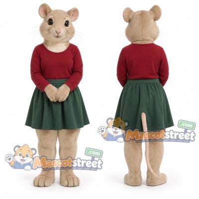 Tan Mouse Mascot Costume with Burgundy Sweater and Green Skirt