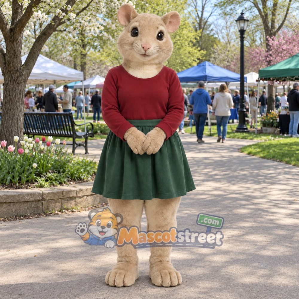 Tan Mouse Mascot Costume with Burgundy Sweater and Green Skirt