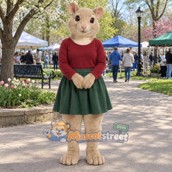 Tan Mouse Mascot Costume with Burgundy Sweater and Green Skirt
