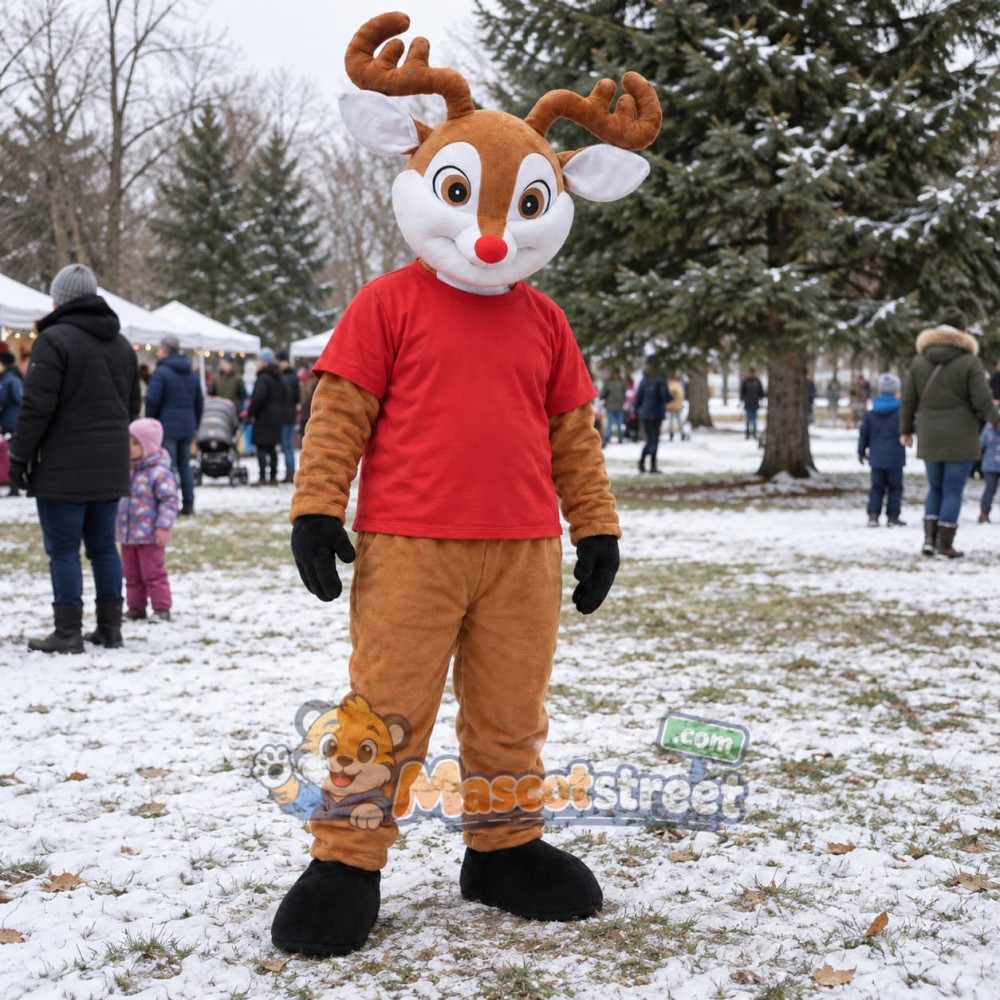 Brown Reindeer Mascot Costume with Red Shirt Brown Reindeer Mascot Costume with Red Shirt