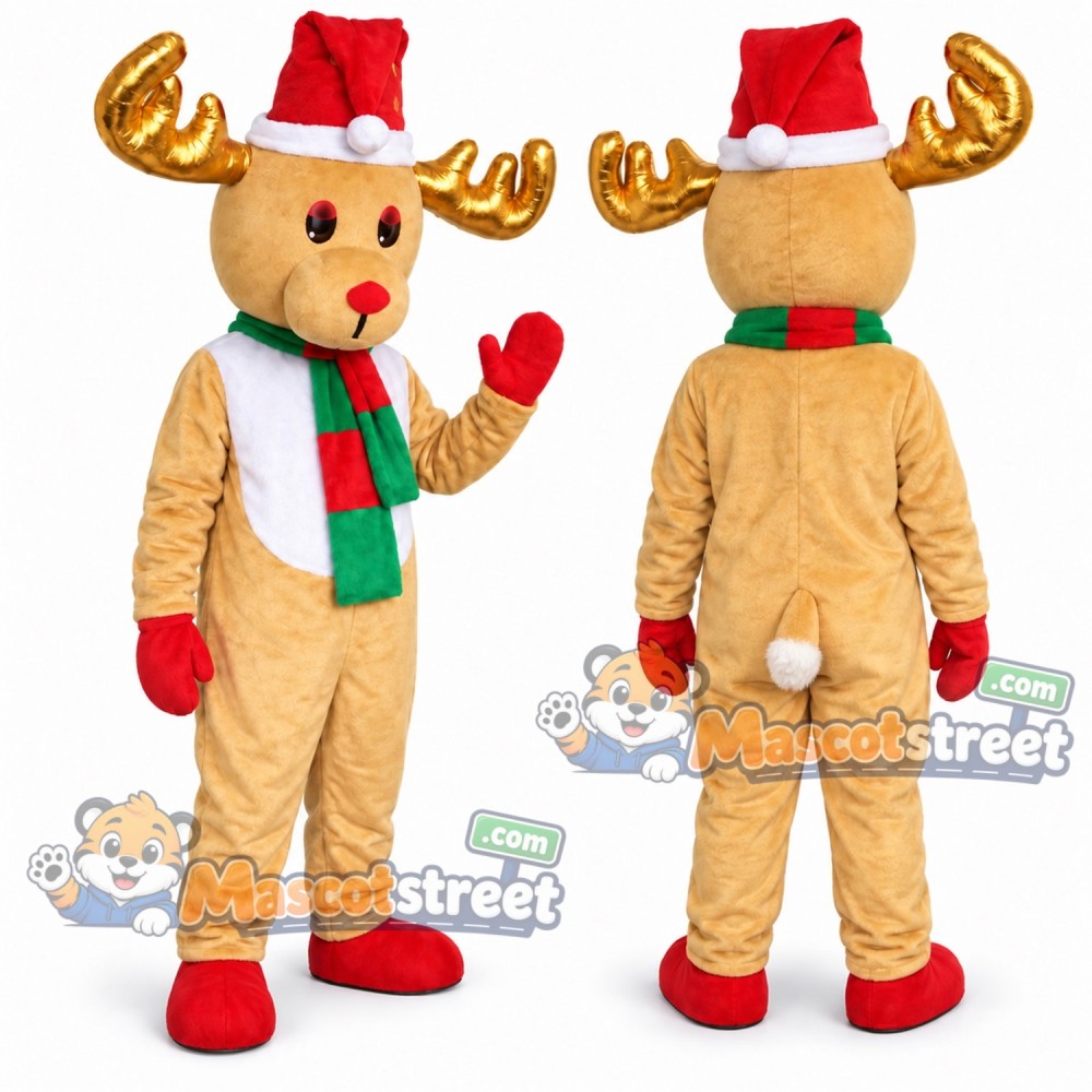 Tan Reindeer Mascot Costume with Striped Scarf and Santa Hat Tan Reindeer Mascot Costume with Striped Scarf and Santa Hat