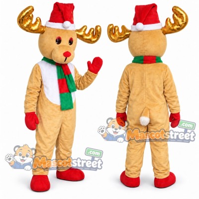 Tan Reindeer Mascot Costume with Striped Scarf and Santa Hat Tan Reindeer Mascot Costume with Striped Scarf and Santa Hat