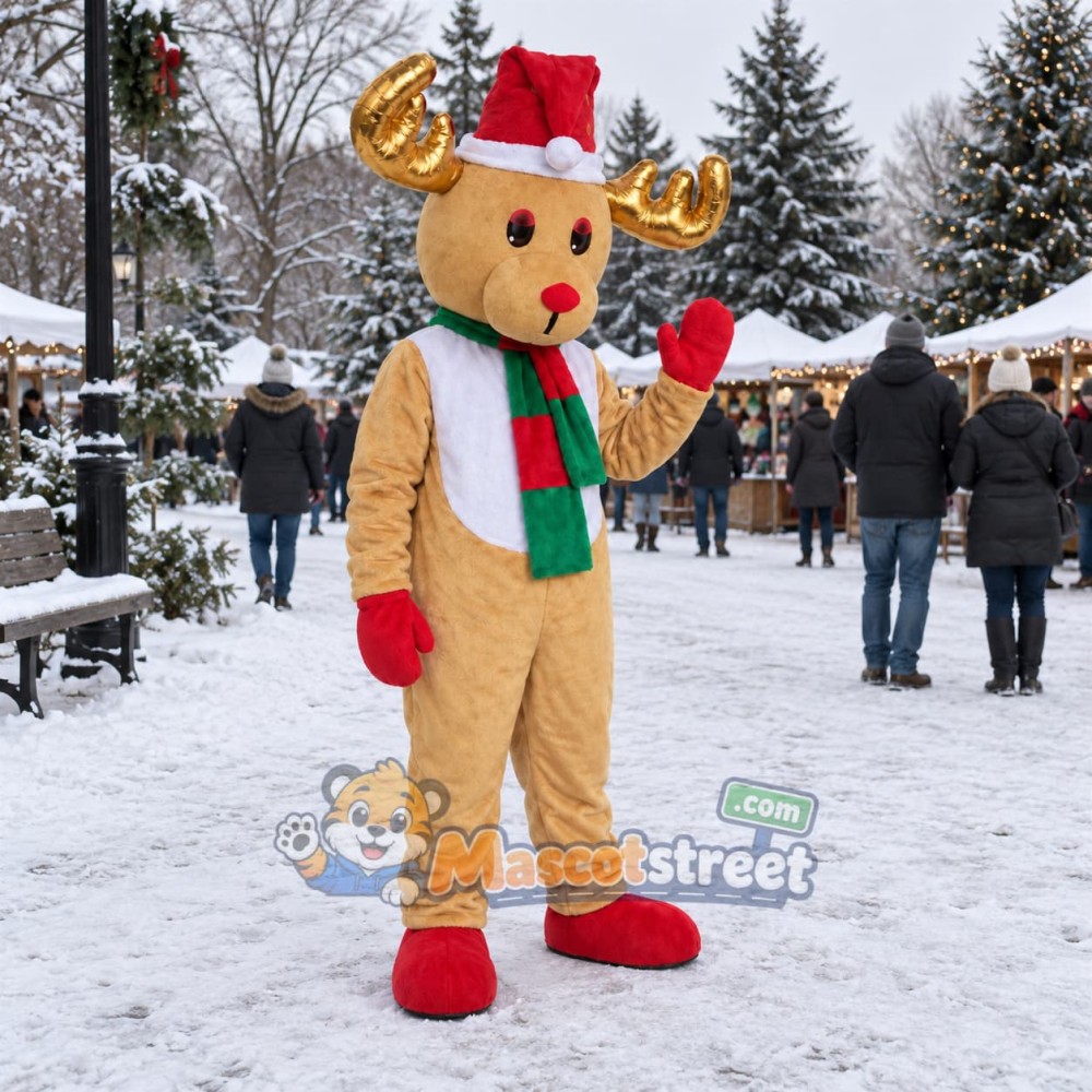 Tan Reindeer Mascot Costume with Striped Scarf and Santa Hat Tan Reindeer Mascot Costume with Striped Scarf and Santa Hat