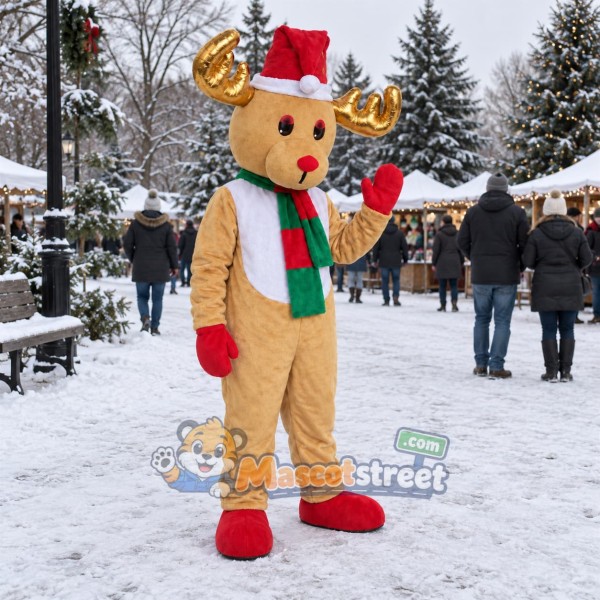 Tan Reindeer Mascot Costume with Striped Scarf and Santa Hat