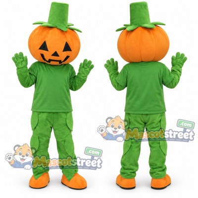 Pumpkin Mascot Costume with Green Suit and Green Hat