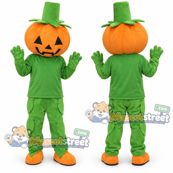Pumpkin Mascot Costume with Green Suit and Green Hat