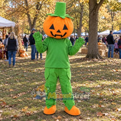 Pumpkin Mascot Costume with Green Suit and Green Hat