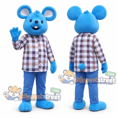 Blue Mouse Mascot Costume with Plaid Shirt Blue Mouse Mascot Costume with Plaid Shirt