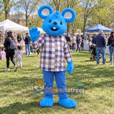 Blue Mouse Mascot Costume with Plaid Shirt Blue Mouse Mascot Costume with Plaid Shirt