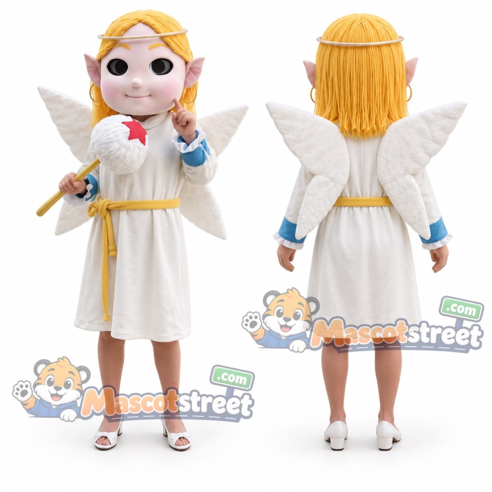 Angel Mascot Costume with White Dress and Wings Angel Mascot Costume with White Dress and Wings