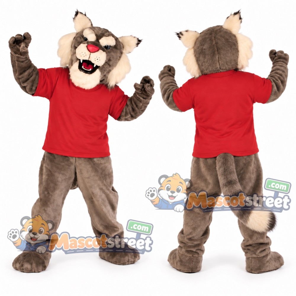 Gray Wildcat Mascot Costume with Red Shirt