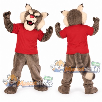Gray Wildcat Mascot Costume with Red Shirt