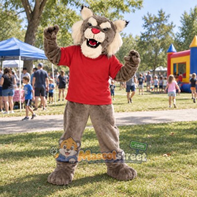 Gray Wildcat Mascot Costume with Red Shirt