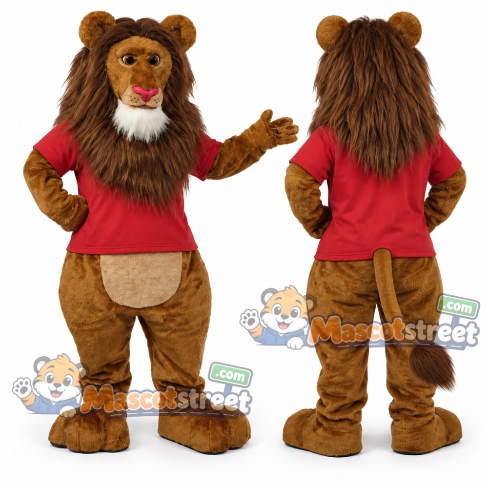 Brown Lion Mascot Costume with Red Shirt Brown Lion Mascot Costume with Red Shirt
