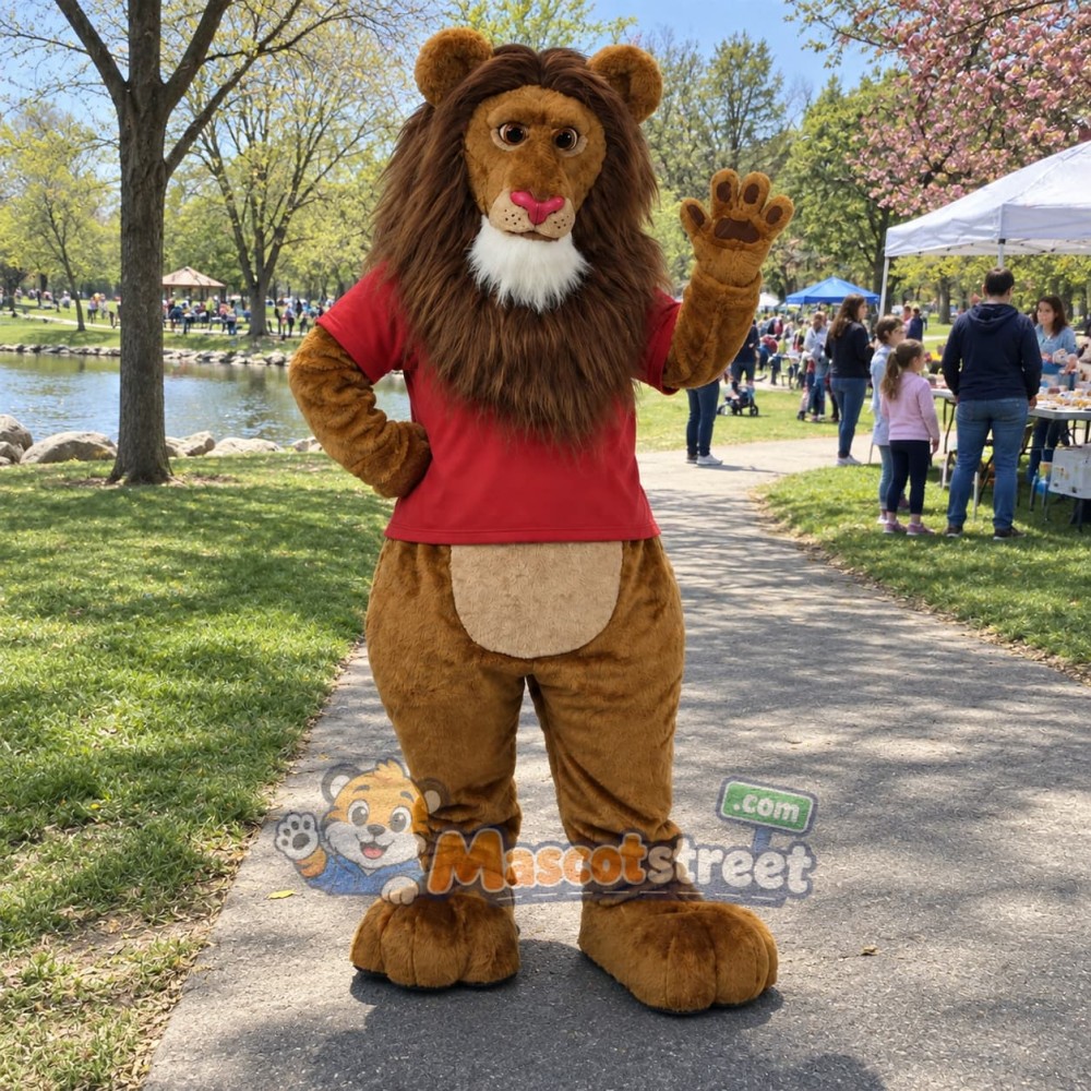 Brown Lion Mascot Costume with Red Shirt Brown Lion Mascot Costume with Red Shirt