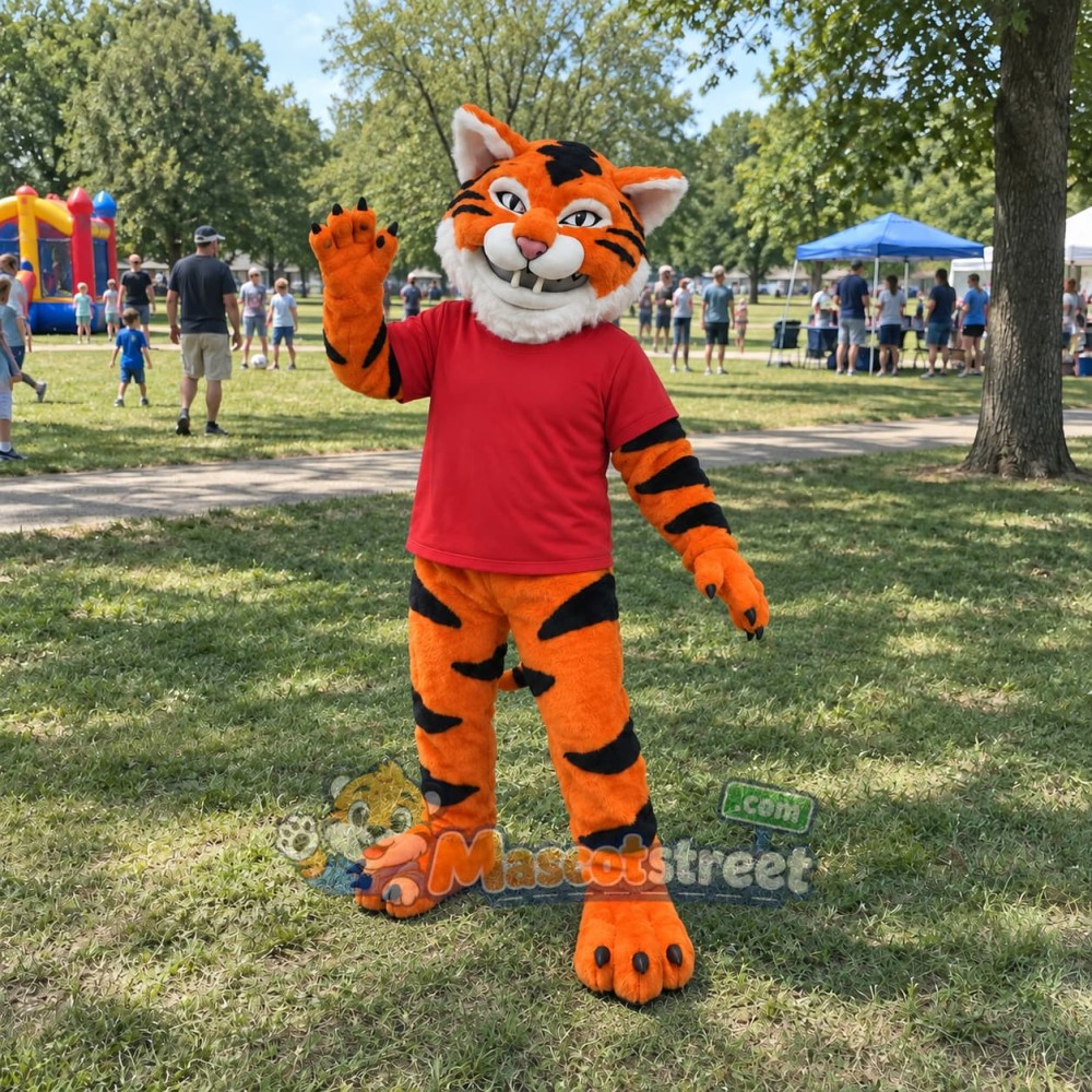 Orange Tiger Mascot Costume with Red Shirt Orange Tiger Mascot Costume with Red Shirt