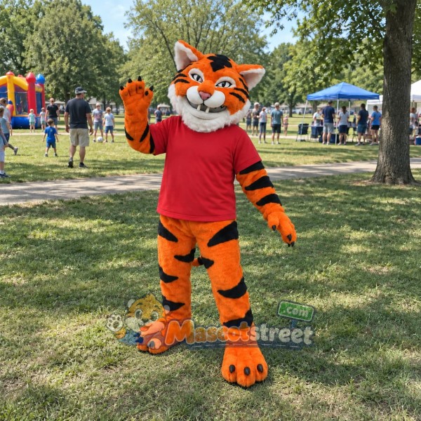 Orange Tiger Mascot Costume with Red Shirt