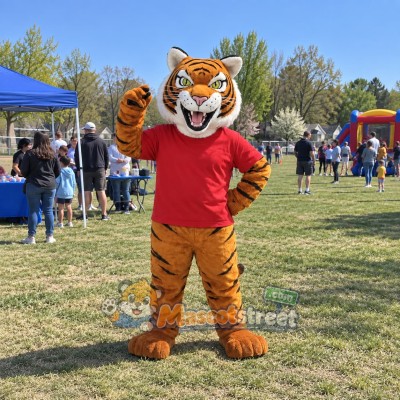 Orange Tiger Mascot Costume with Red Shirt Orange Tiger Mascot Costume with Red Shirt