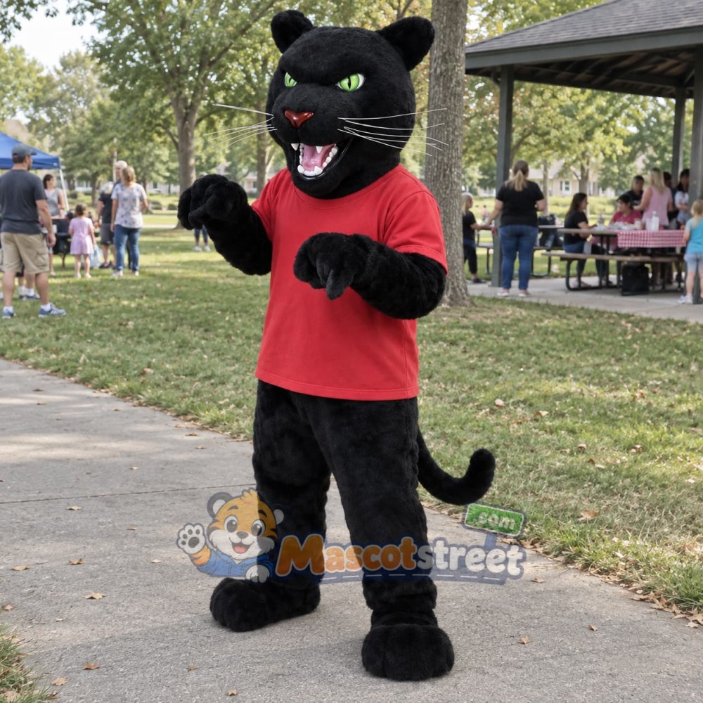 Black Panther Mascot Costume with Red Shirt Black Panther Mascot Costume with Red Shirt