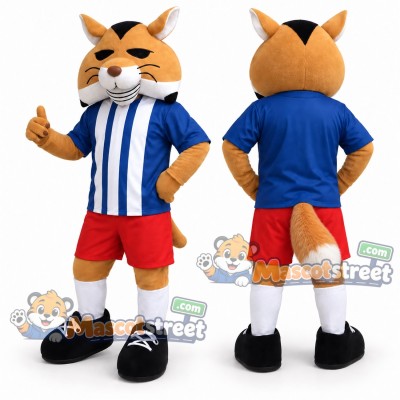 Orange Fox Mascot Costume with Blue Striped Shirt and Red Shorts Orange Fox Mascot Costume with Blue Striped Shirt and Red Shorts