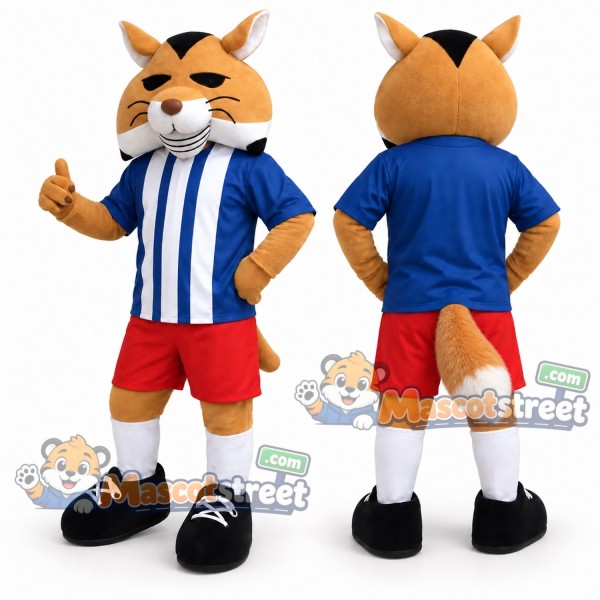 Orange Fox Mascot Costume with Blue Striped Shirt and Red Shorts