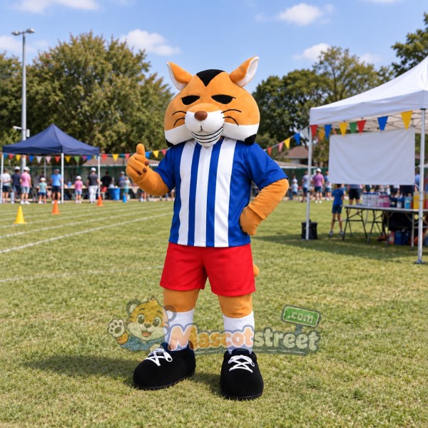 Orange Fox Mascot Costume with Blue Striped Shirt and Red Shorts