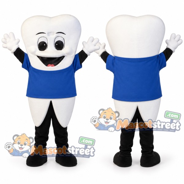 White Tooth Mascot Costume with Blue Shirt