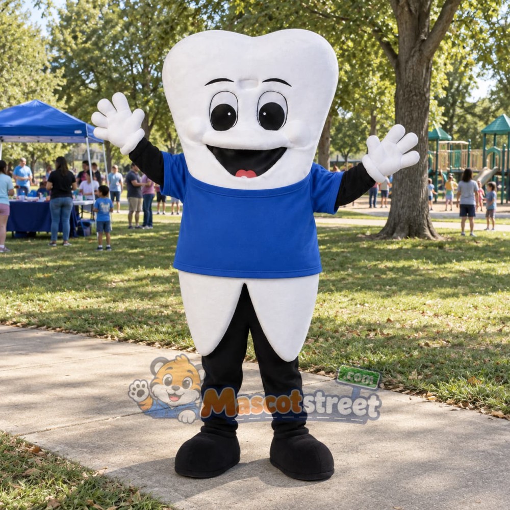 White Tooth Mascot Costume with Blue Shirt White Tooth Mascot Costume with Blue Shirt