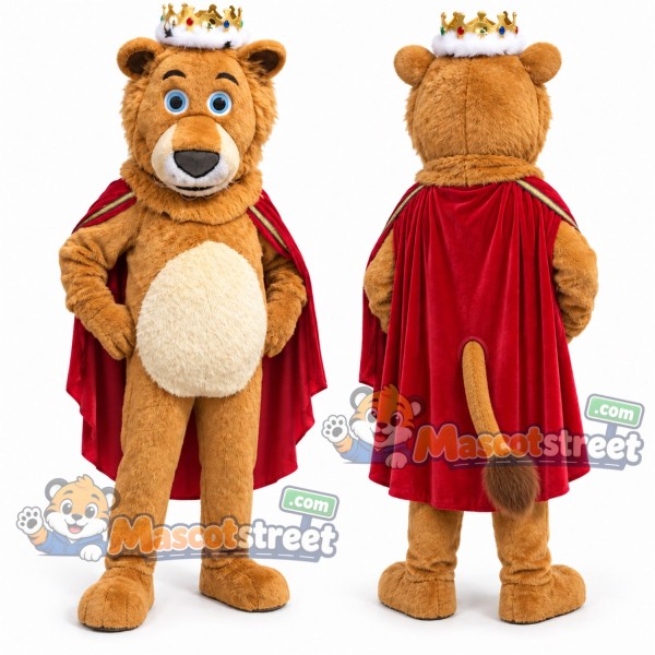 Brown Lion Mascot Costume with Red Cape and Crown
