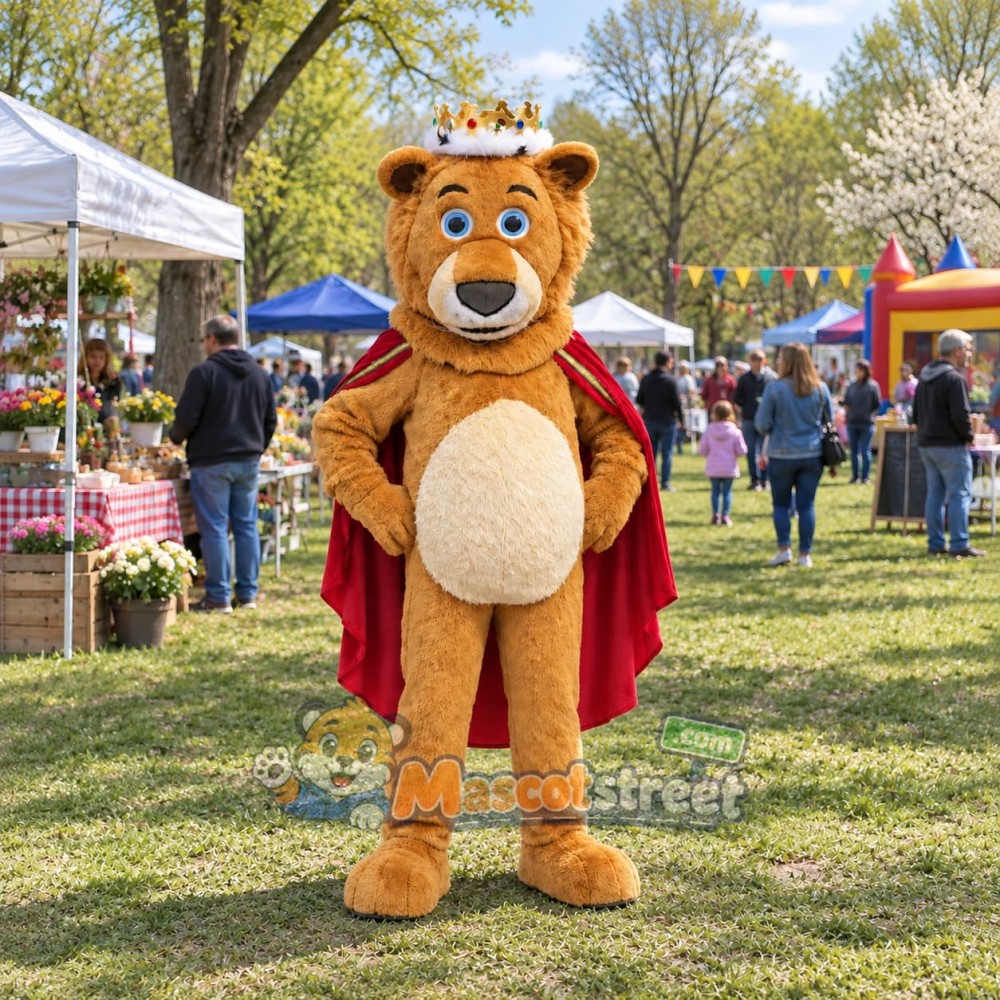 Brown Lion Mascot Costume with Red Cape and Crown