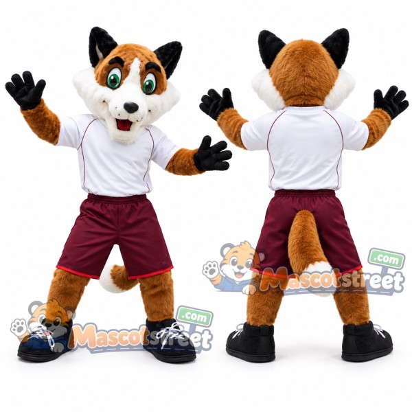 Orange Fox Mascot Costume with White Shirt and Burgundy Shorts