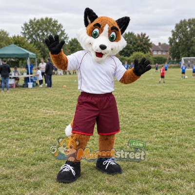 Orange Fox Mascot Costume with White Shirt and Burgundy Shorts