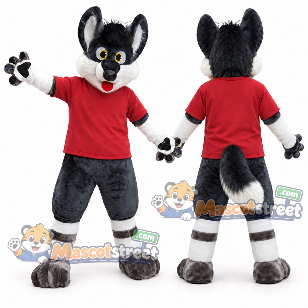 Gray Husky Mascot Costume with Red Shirt and Black Shorts