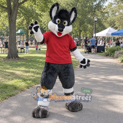 Gray Husky Mascot Costume with Red Shirt and Black Shorts