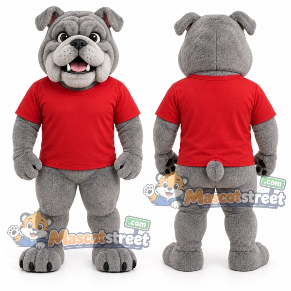 Gray Bulldog Mascot Costume with Red Shirt