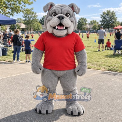 Gray Bulldog Mascot Costume with Red Shirt Gray Bulldog Mascot Costume with Red Shirt