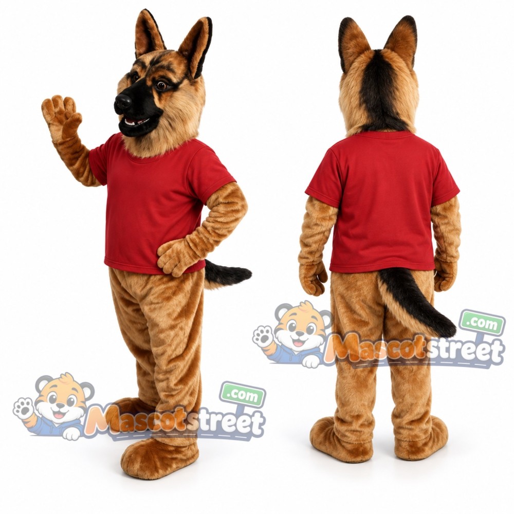 German Shepherd Mascot Costume with Red Shirt