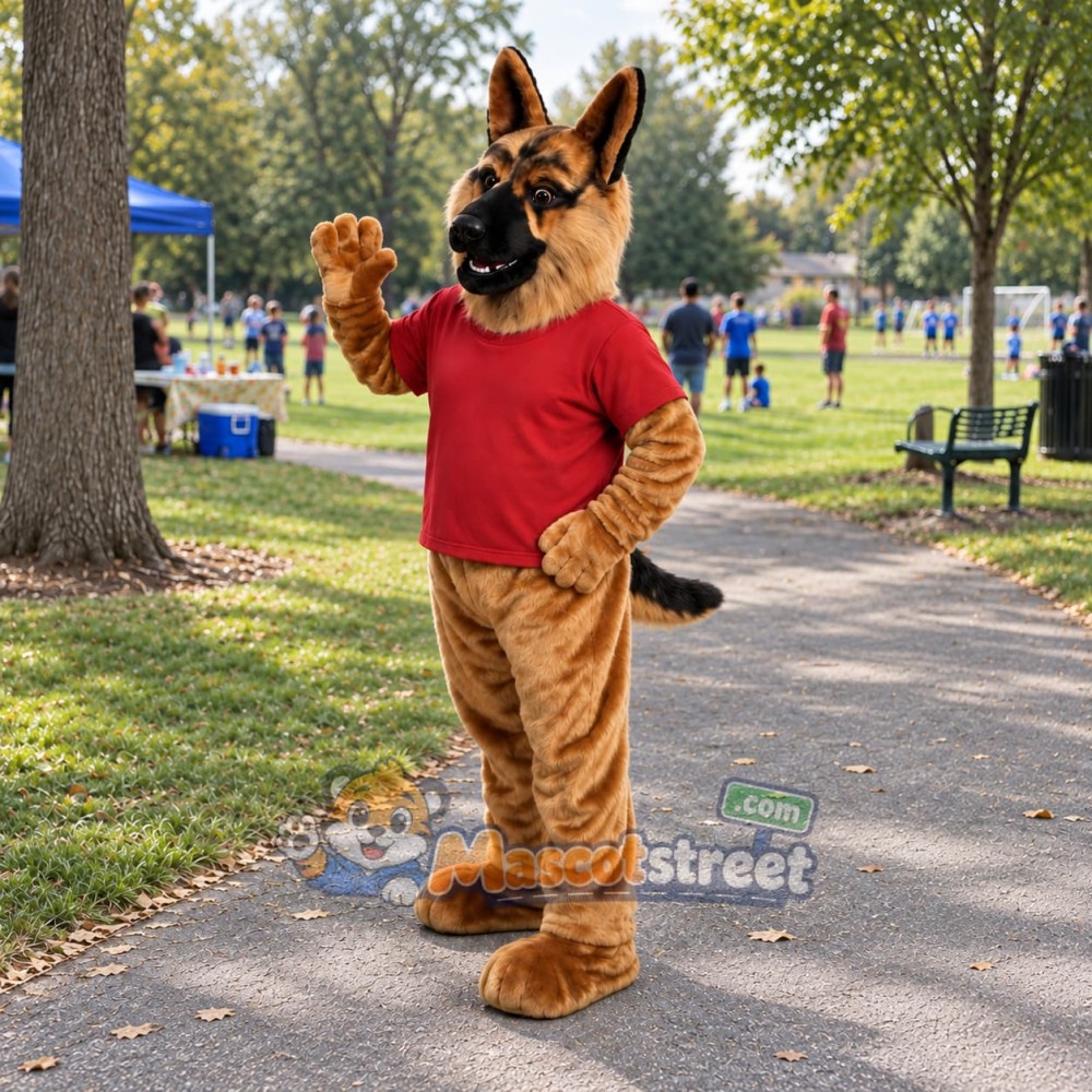 German Shepherd Mascot Costume with Red Shirt