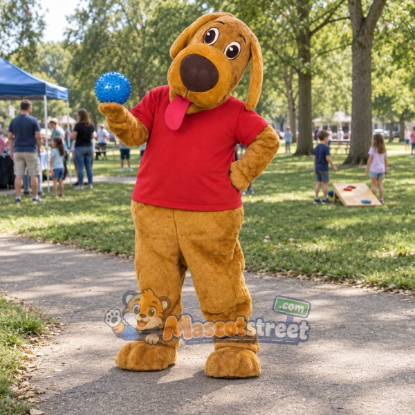 Tan Dog Mascot Costume with Red Shirt