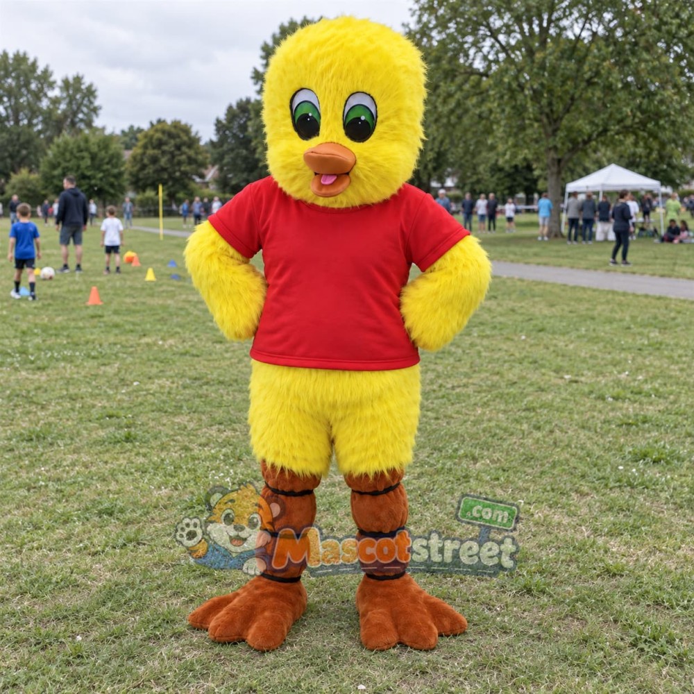 Yellow Duck Mascot Costume with Red Shirt