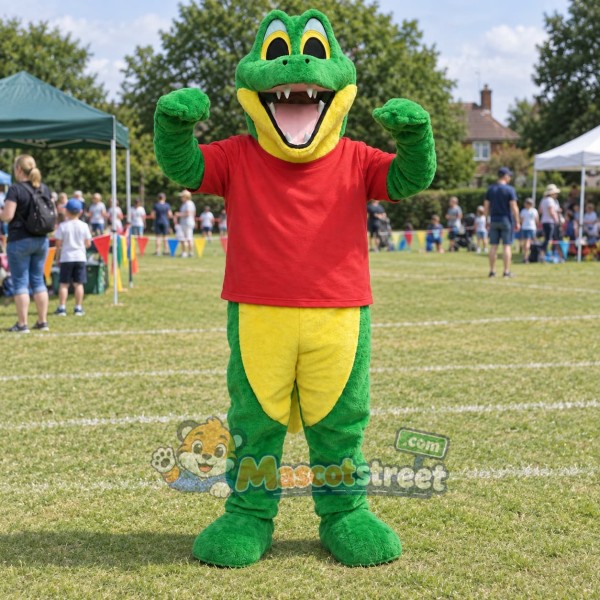 Green Crocodile Mascot Costume with Red Shirt