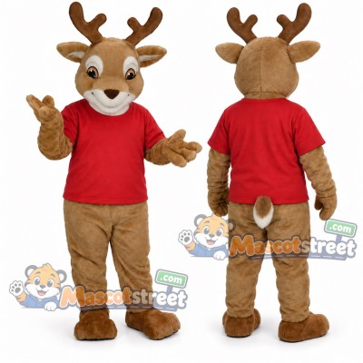 Brown Deer Mascot Costume with Red Shirt and Tan Trousers Brown Deer Mascot Costume with Red Shirt and Tan Trousers
