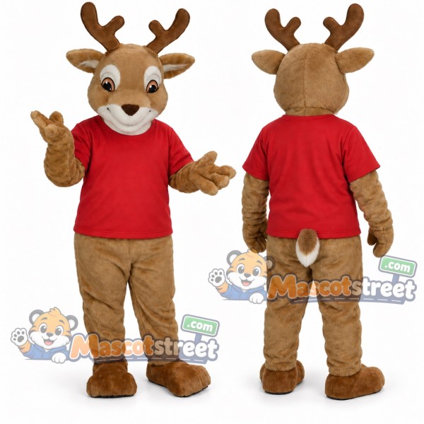 Brown Deer Mascot Costume with Red Shirt and Tan Trousers